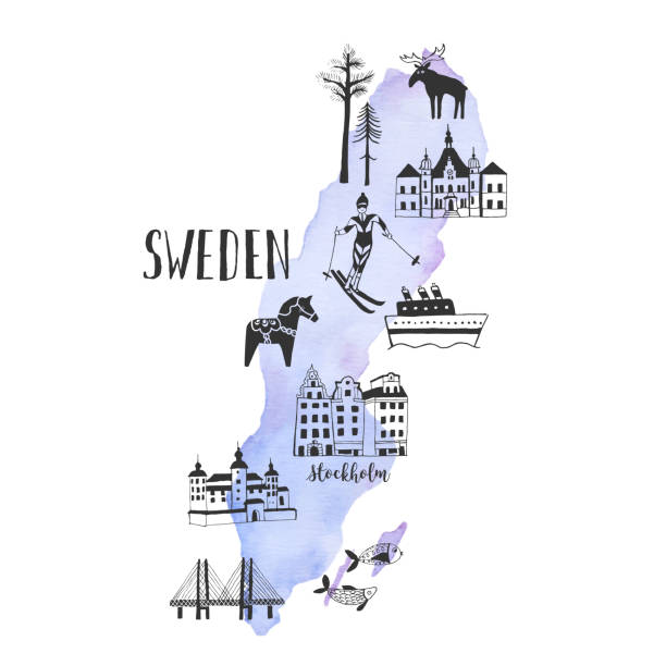 ilustrações de stock, clip art, desenhos animados e ícones de hand drawn watercolor map with landmarks of sweden - malmo
