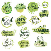Hand drawn watercolor stickers and badges for organic food, restaurant and natural products. Vector illustration set for graphic and web design.