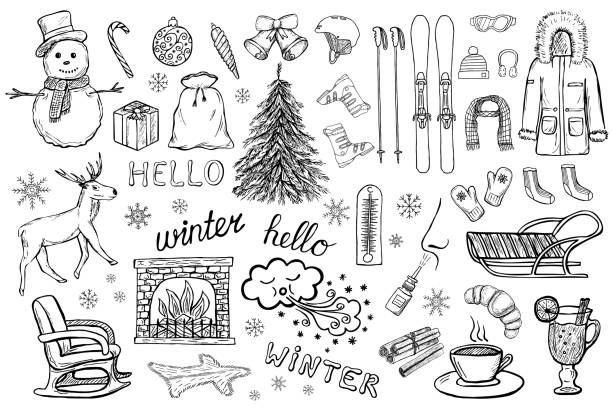 Hand drawn winter and christmas vector icons Set of hand drawn winter and christmas icons of clothes, gifts, New Year tree etc.. Doodle design elements. Black and white vector illustration isolated on white background winter drawings stock illustrations