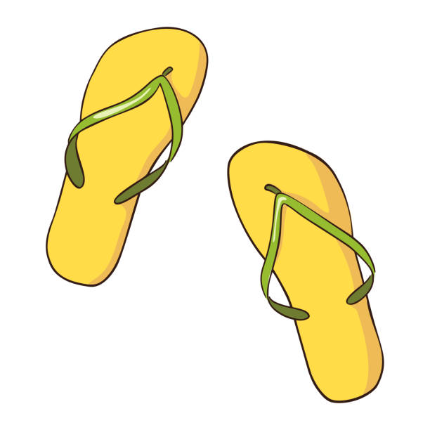 stockillustraties, clipart, cartoons en iconen met hand getrokken gele en groene slippers - voeten in het zand