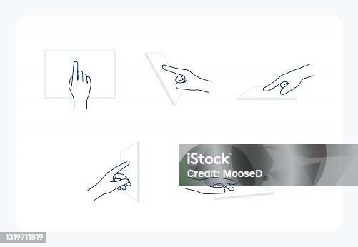 istock hand gesture line icons: touching screen, pointing finger, tapping hand sign. 1319711819