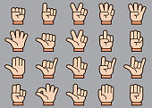 There is a set of icons about gestures of hand in style of Clip art.