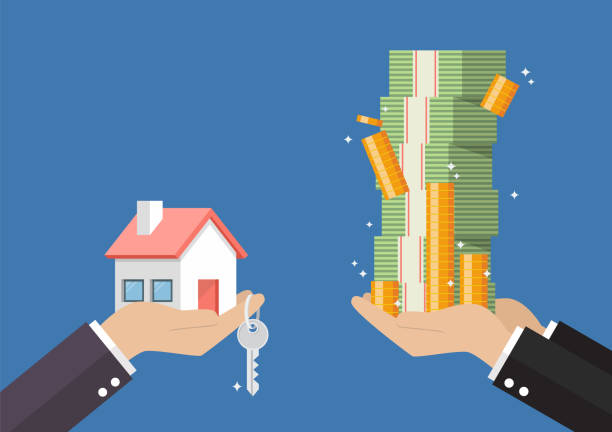 ręka daje dom i klucz do drugiej strony z gotówką pieniędzy - mortgage stock illustrations