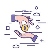 Hand Giving Coin Financial concepts icons in thin line flat design style. Money, payments and  technology.