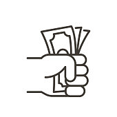 istock Hand grabbing stack of paper cash. Vector thin line icon 1341990375