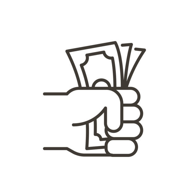 Hand grabbing stack of paper cash. Vector thin line icon vector art illustration