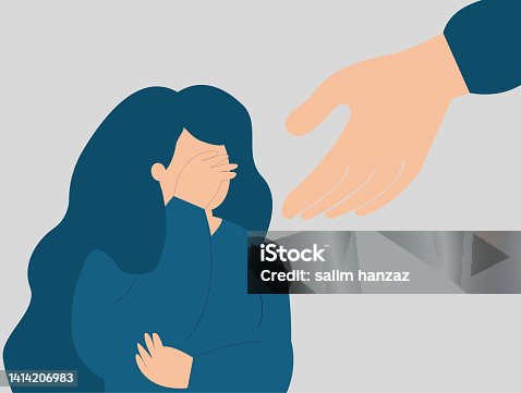 istock A hand helps a woman to get rid of stress and depression. Sad girl needs support, and care due to abuse and violence. Mental health concept. 1414206983