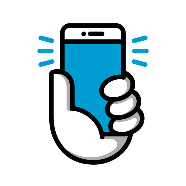 Hand hold phone logotype. Hand hold smartphone. Vector illustration. Smart phone linear logo symbol. Vector logotype. selfie icons stock illustrations