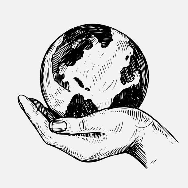 hand hold planet earth. hand drawn illustration converted to vector - earth...