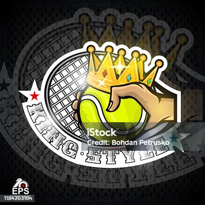 istock Hand hold tennis ball with crown and racquet in center. Vector sport label for any team 1184203104