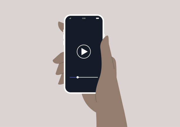 A hand holding a mobile phone with a video player displayed on it vector art illustration