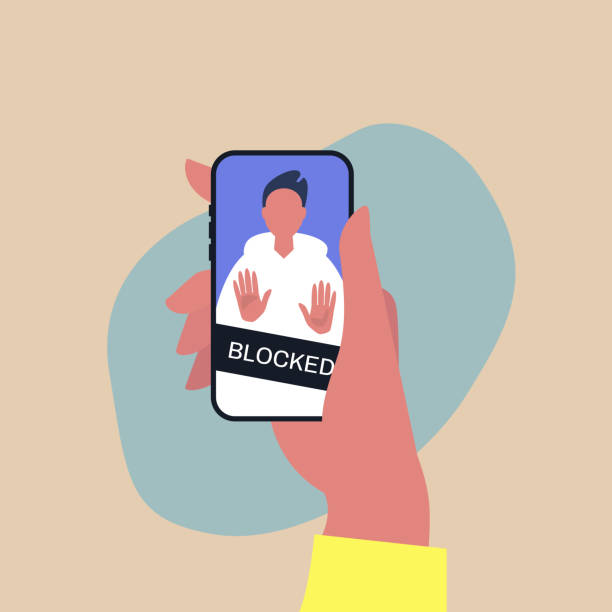 Hand holding a smartphone with a blocked user account, displayed on a screen, privacy in social media Hand holding a smartphone with a blocked user account, displayed on a screen, privacy in social media censorship stock illustrations
