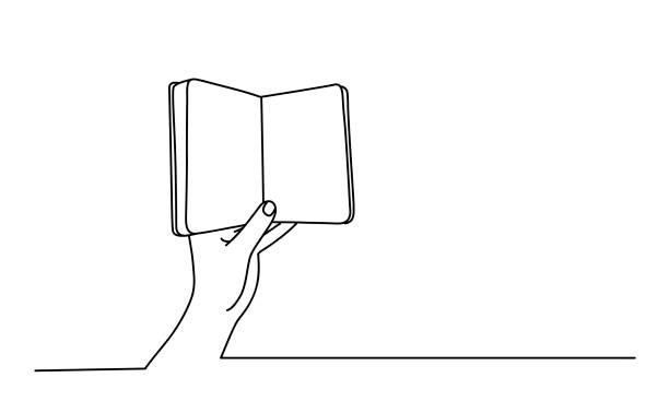 Hand holding an open book Line drawing vector illustration of hand holding an open book. book drawings stock illustrations