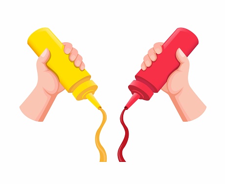 hand holding and squeezing mustard and ketchup bottle plastic on food in cartoon flat illustration vector
