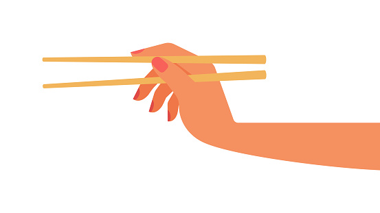 Hand holding bamboo chopsticks.  Empty chopsticks. Female hand. Vector isolated template. White background