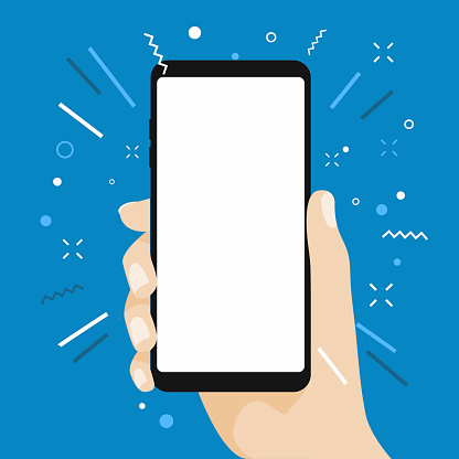 Hand holding blank screen smart phone flat design on blue background.