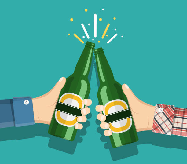 ilustraciones, imágenes clip art, dibujos animados e iconos de stock de mano que sostiene la botella de cerveza - mano agarrando botella de cerveza y taza