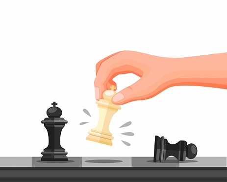 Hand Holding Chess Piece, Chess Strategy Game Checkmate Symbol. Concept in Cartoon illustration Vector isolated in white Background