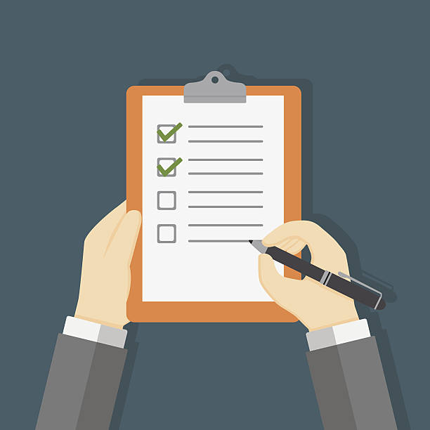 Hand Holding Clipboard and Filling A Checklist Form vector art illustration