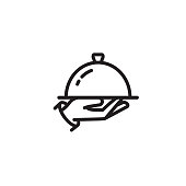 Hand holding cloche and tray thin line icon. Food serving, waiter, restaurant isolated outline sign. Cooking concept. Vector illustration symbol element for web design and apps