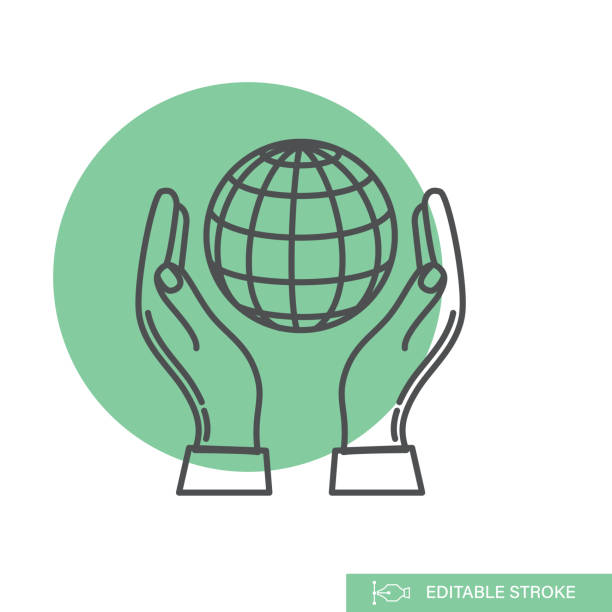 Hand Holding Globe - Environment Thin Line Icon vector art illustration