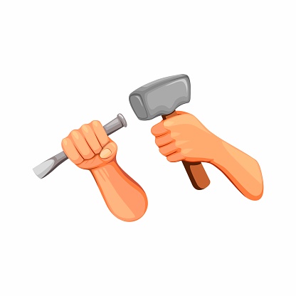 Hand holding hammer and chisel concept in cartoon illustration vector isolated on white background