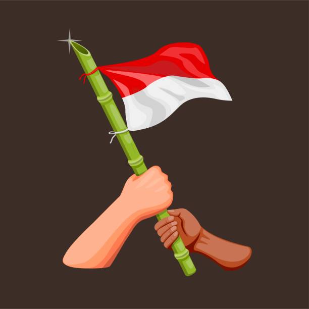 tangan memegang bahasa indonesia dengan bambu tajam dalam simbol tiang untuk merayakan hari kemerdekaan pada 17 agustus 1945 konsep dalam ilustrasi kartun vektor - bendera 17 agustus ilustrasi stok