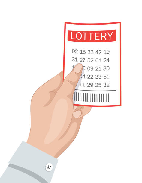 Hand Holding Lottery Ticket A hand holding a simple lottery ticket on a flat color background. winning lottery ticket stock illustrations