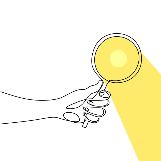 Hand holding magnifying glass one line drawing vector illustration continuous single hand drawn. Magnifying glass with reflected sunlight. The concept of theory of science with minimalist design Hand holding magnifying glass one line drawing vector illustration continuous single hand drawn. Magnifying glass with reflected sunlight. The concept of theory of science with minimalist design human body part stock illustrations