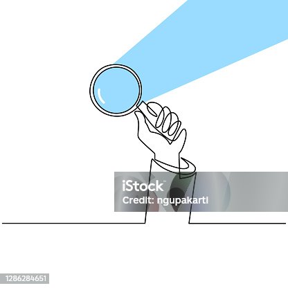 istock Hand holding magnifying glass one line drawing vector illustration continuous single hand drawn. Magnifying glass with reflected sunlight. The concept of theory of science with minimalist design 1286284651