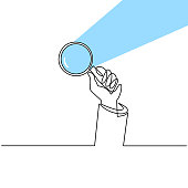 istock Hand holding magnifying glass one line drawing vector illustration continuous single hand drawn. Magnifying glass with reflected sunlight. The concept of theory of science with minimalist design 1286284651