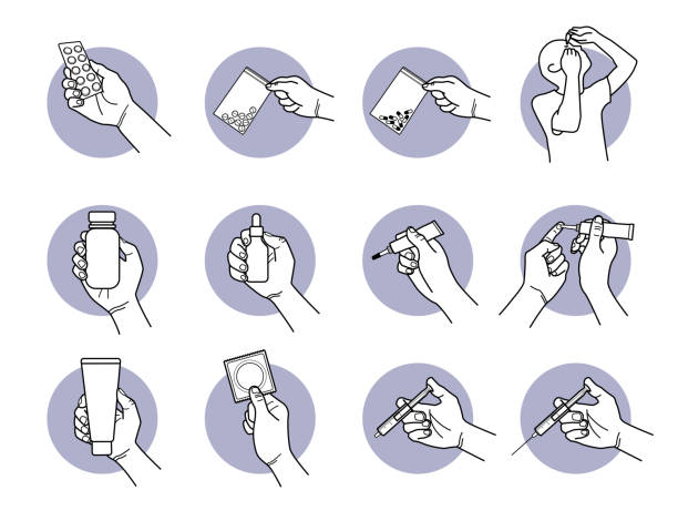 Hand holding medicine, cream, and syringe. vector art illustration