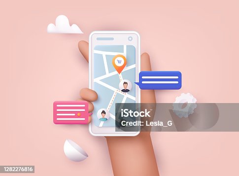 istock Hand holding mobile smart phone with app delivery tracking. Vector modern 3d creative info graphics design on application. 1282276816
