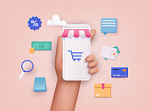 istock Hand holding mobile smart phone with shopp app. Online shopping concept. 3D Web Vector Illustrations. 1304565447
