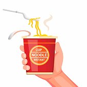 Hand holding noodle instant cup with plastic fork ready to eat. concept cartoon realistic illustration vector isolated in white background