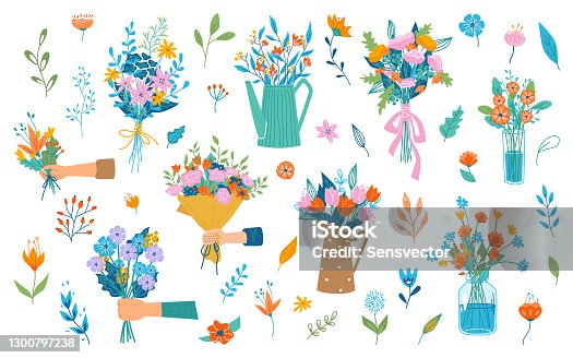 istock Hand holding or giving blooming bouquet of flowers, spring blossom and flourishing. Florist composition for holiday celebration. Flora in vase, decorative branches. Vector in flat cartoon style 1300797238