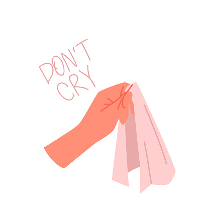 Hand holding out handkerchief for tears and dont cry phrase, person helping crying friend