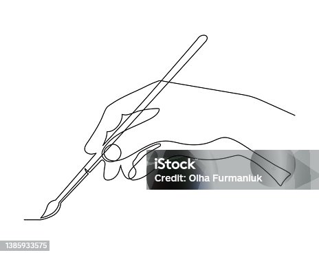 istock Hand holding painting brush, one line art, hand drawn continuous contour. Palm with fingers drawing art.Editable stroke. 1385933575