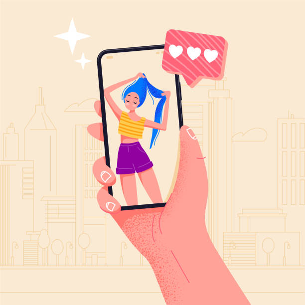 화면에 전화 아름다운 소녀를 들고 손. 화상 통화 응용 프로그램. 웹 사이트 또는 배너에 대한 손가락 터치 화면 평면 벡터 일러스트 디자인. 스마트 폰으로 셀카를 확인합니다. 온라인 데이트 � - selfie stock illustrations