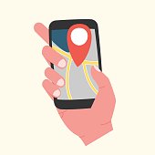 Hand holding phone with map and pin destination on it. Navigation app on touch screen smartphone. Flat cartoon design