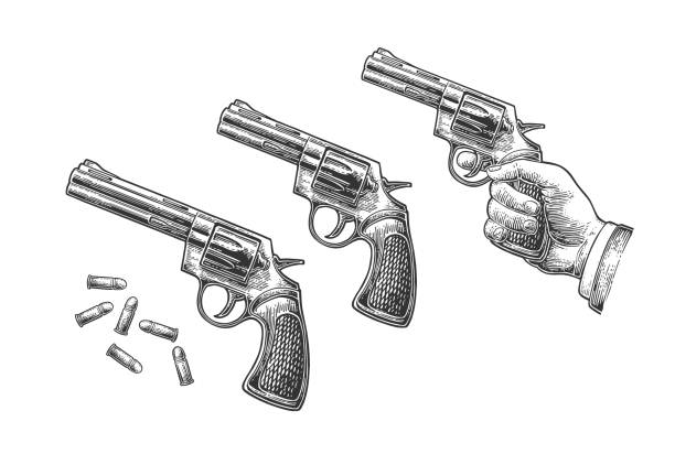 Hand holding revolver with bullets isolated on white background. Hand holding revolver with bullets isolated on white background. Short and long barrels. Vector engraving vintage illustrations. For tattoo, web, shooting club and label texas shooting stock illustrations