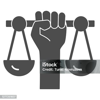 istock Hand holding scales solid icon,  concept, Civil rights sign on white background, Justice scales in hand icon in glyph style for mobile and web design. Vector graphics. 1277251837