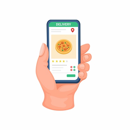 Hand holding smartphone order food delivery on app symbol concept in cartoon illustration vector