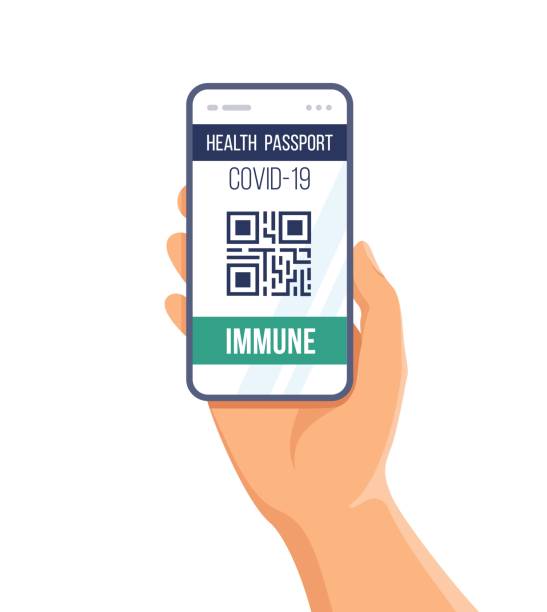 Hand holding smartphone with immune Covid-19 result on application on screen, digital vaccine passport. Vector illustration of hand holding smartphone with an immune Covid-19 result on the application. Health passport on digital screen with qr code for control and check of safety from covid-19. mountain pass stock illustrations