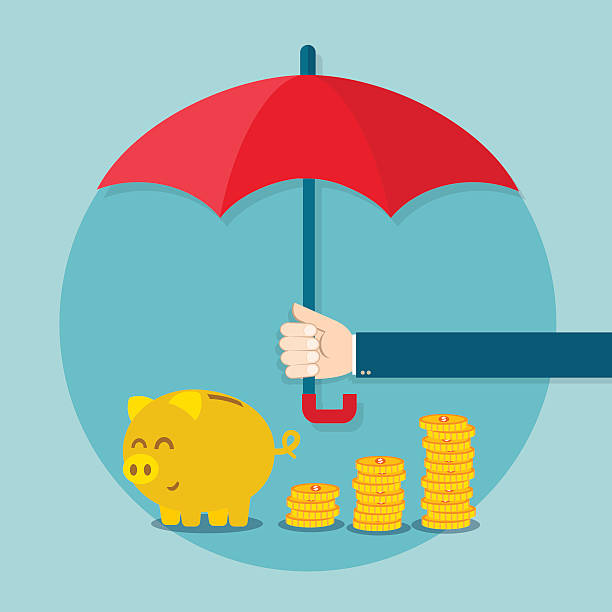 ilustraciones, imágenes clip art, dibujos animados e iconos de stock de mano agarrando una sombrilla para proteger el dinero - piggy bank