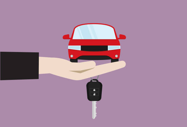 Hand holds a car and a car key Banking, Saving money, Auto loan, Leasing, Bank Statement, Banking, Paying car loan stock illustrations