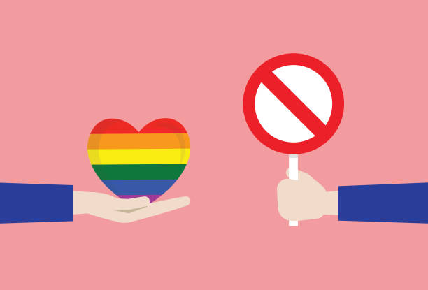 一隻手拿著彩虹心的禁止標誌 - 性別歧視 幅插畫檔、美工圖案、卡通及圖標