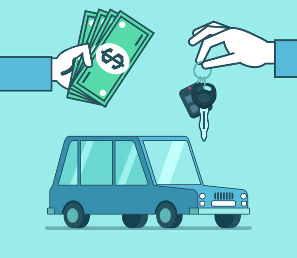 Hand holds car keys and money over the car Sell, buy, rent vehicle concept. Simple style vector illustration used car sale stock illustrations
