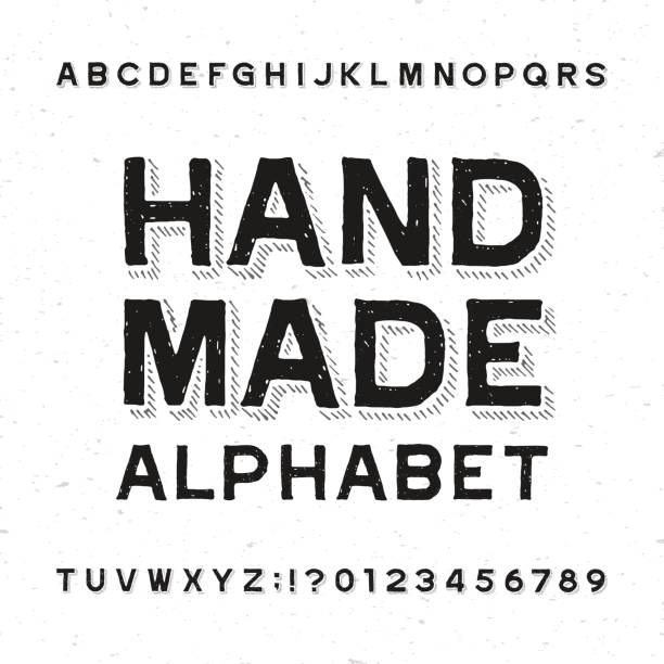 Hand made alphabet font. Distressed vintage letters and numbers. vector art illustration
