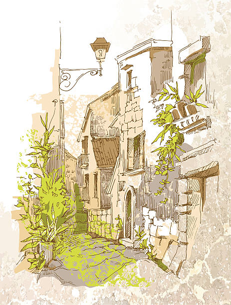 Hand made sketch of old street. Sketch of old street. Vector illustration made in vintage style.Sketch of old street. Vector illustration made in vintage style. prague art stock illustrations